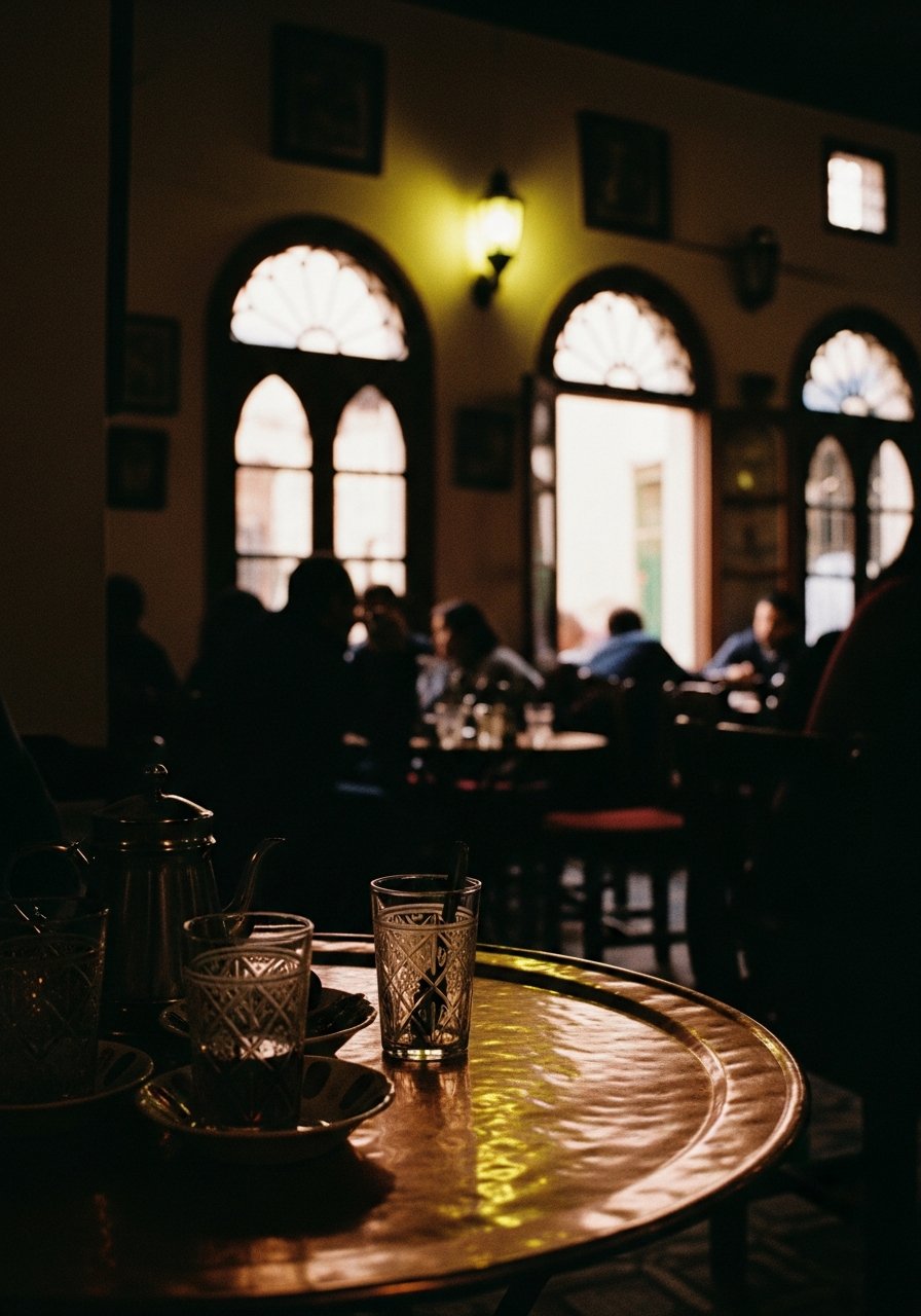 Café de la médina de Tunis au crépuscule, image générée par IA — HannibalAi.