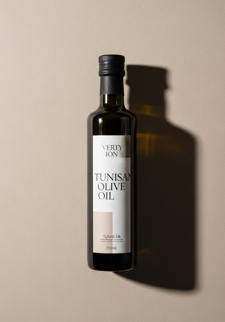 Bouteille d'huile d'olive tunisienne, photo produit générée par IA — HannibalAi.