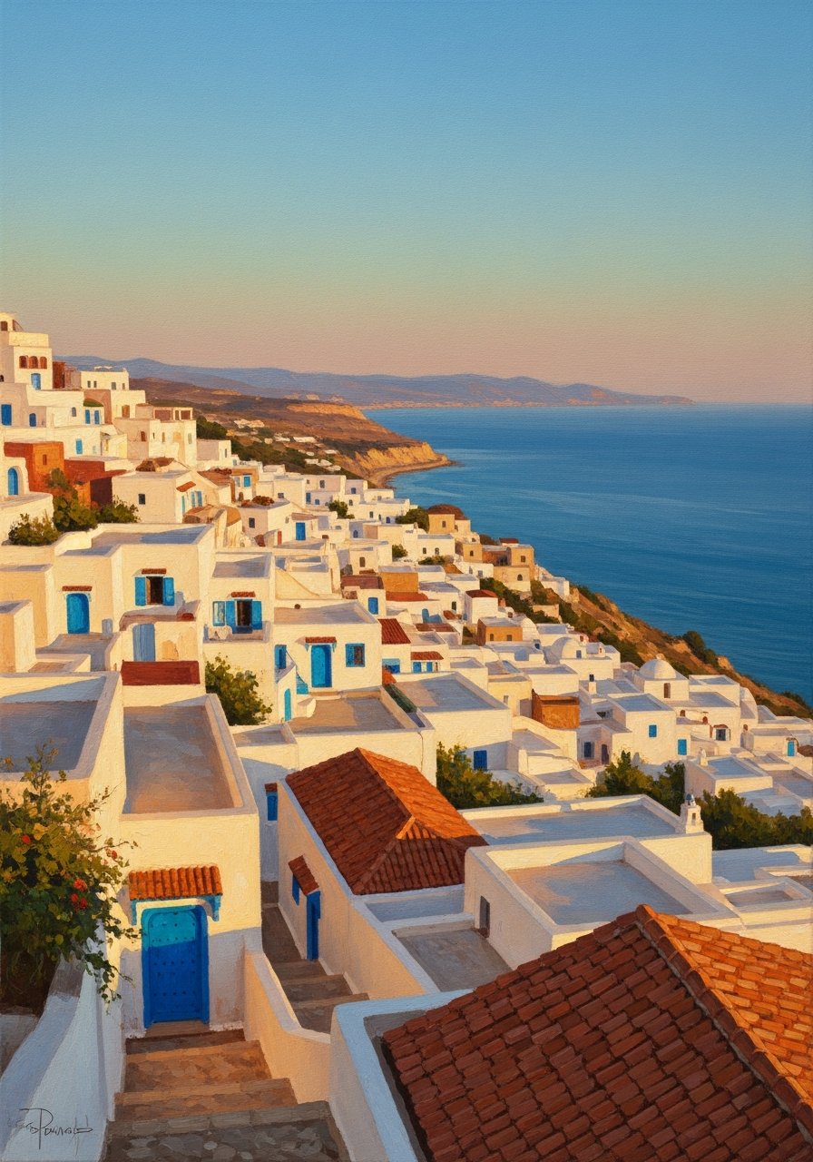 Sidi Bou Saïd peint à l'huile par l'IA HannibalAi, application tunisienne.